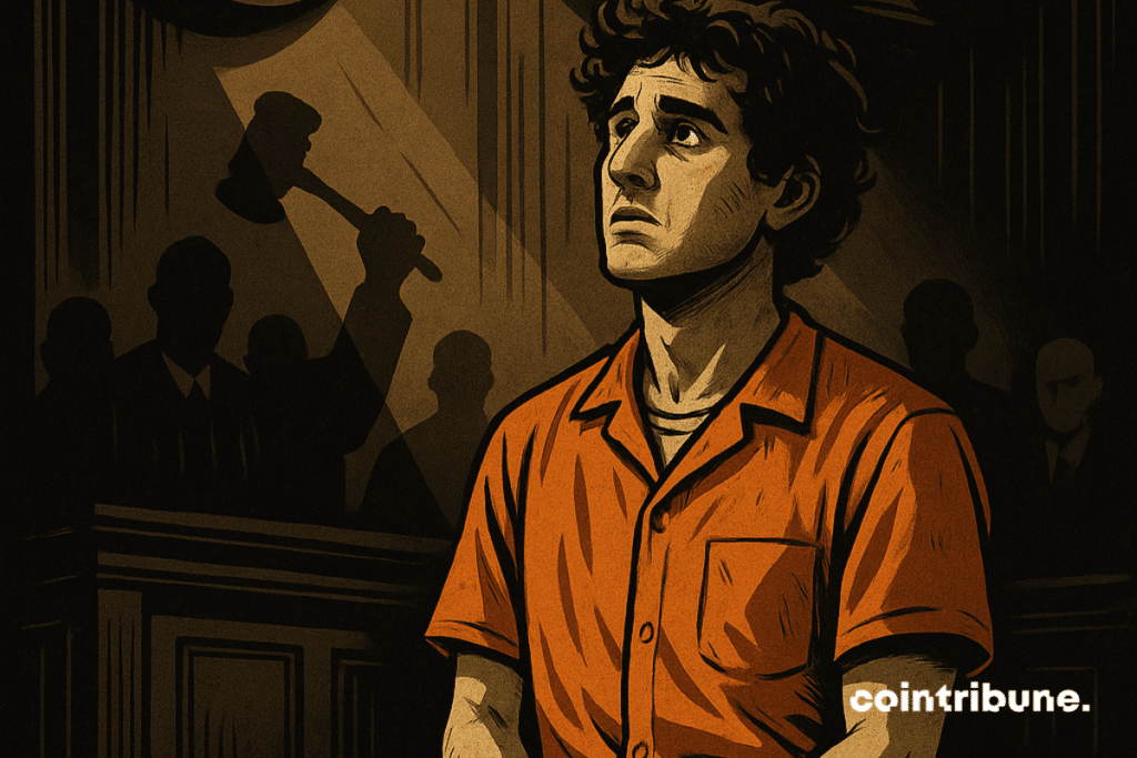 Sam Bankman-Fried in orange combination, handcuffed, awaits his judgment under a clock displaying the figure 4.