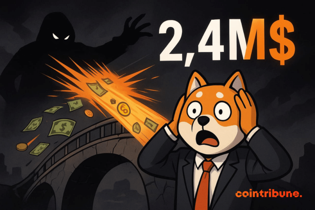 Shiba Inu shocked on a cracked bridge, silver suckled by a dark silhouette, $ 2.4M figure.