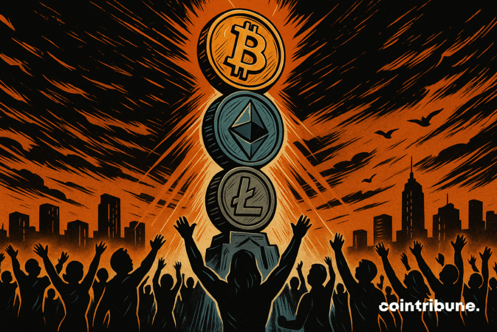 A crowd of human silhouettes in a circle, raising their arms to a huge totem made up of stacked crypto parts (Bitcoin at the top, Ether second, other cryptos below).