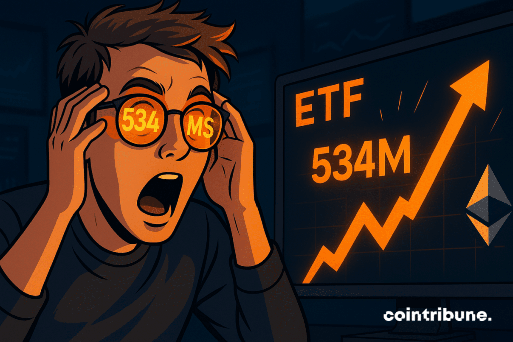 An amazed investor discovers an explosion of ETHEREUM ETFE at $ 534M, orange light reflection in his glasses, electric atmosphere
