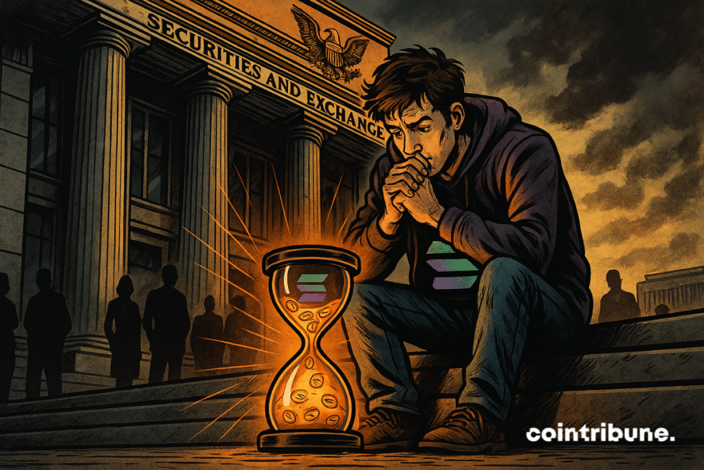 A young anxious investor is waiting in front of the dry, lit by an orange hourglass filled with Solana logos symbolizing time.