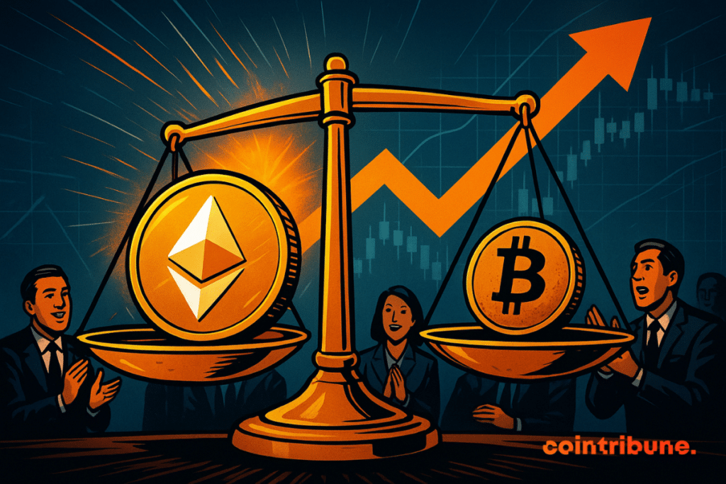 An illustration of comic strip of a golden balance leaning in favor of Ethereum compared to Bitcoin, with investors in applauding suit and an orange arrow rushing in the background.