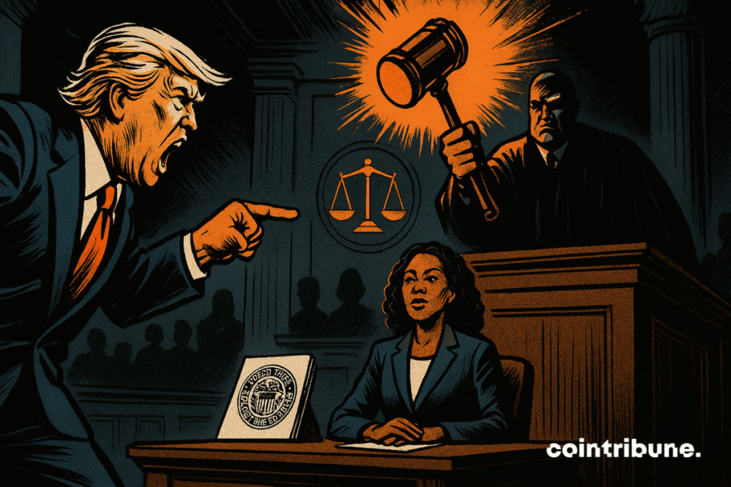 In a courtroom, Trump is standing, his finger pointed at Lisa Cook, and the red face of anger. Lisa Cook is sitting in a calm posture, a file marked Fed in front of her. An imposing judge, hammer raised, tries to interrupt the action of the American president.