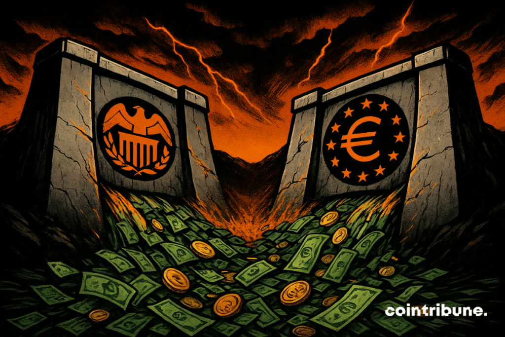 Two huge dams, one struck the fed seal and the other from the ECB logo, crack under colossal pressure. Behind them, an orange and black stormy sky ignites with light, while torrents of green tickets and golden pieces pour forward ... towards bitcoin