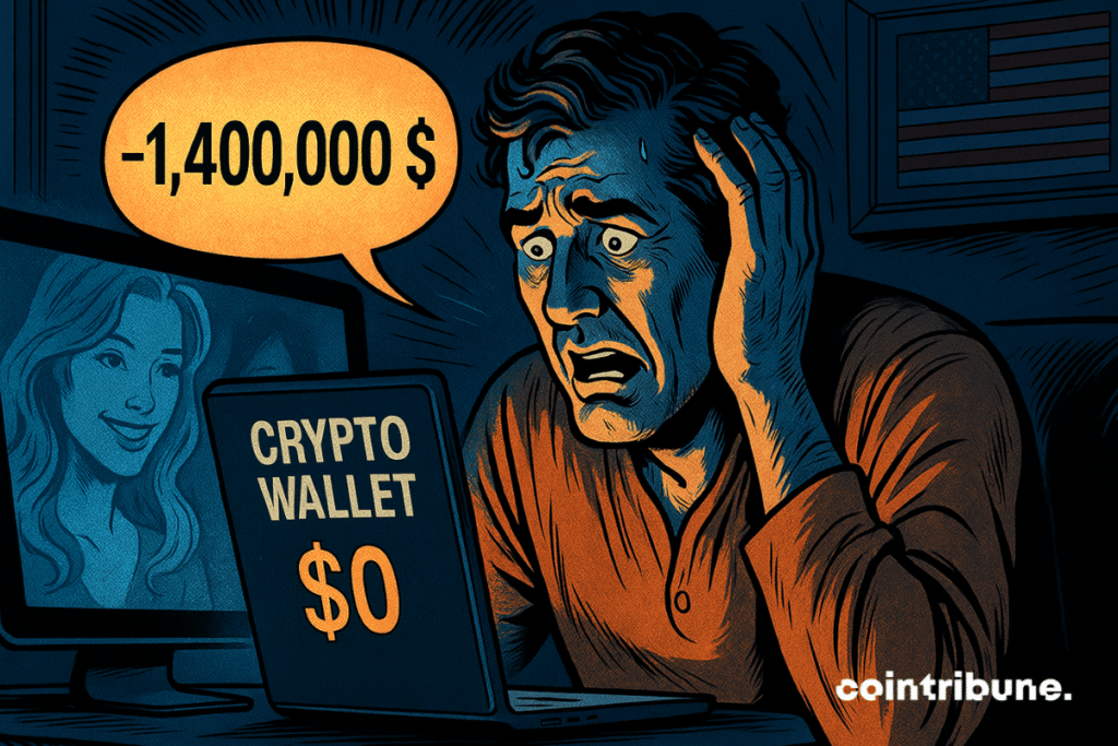 Man shocked in front of his computer, discovering a empty crypto portfolio. A smiling woman appears on the screen, broken love illusion.
