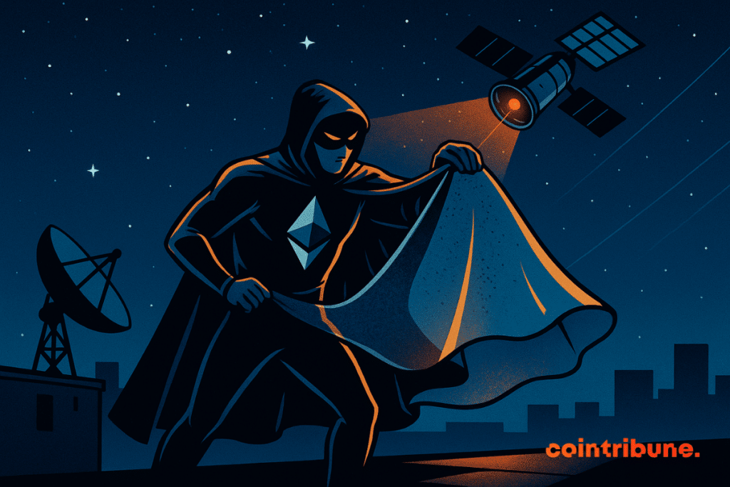 A masked hero, symbol of Ethereum, hides under a cape in front of a spy satellite in the urban night.