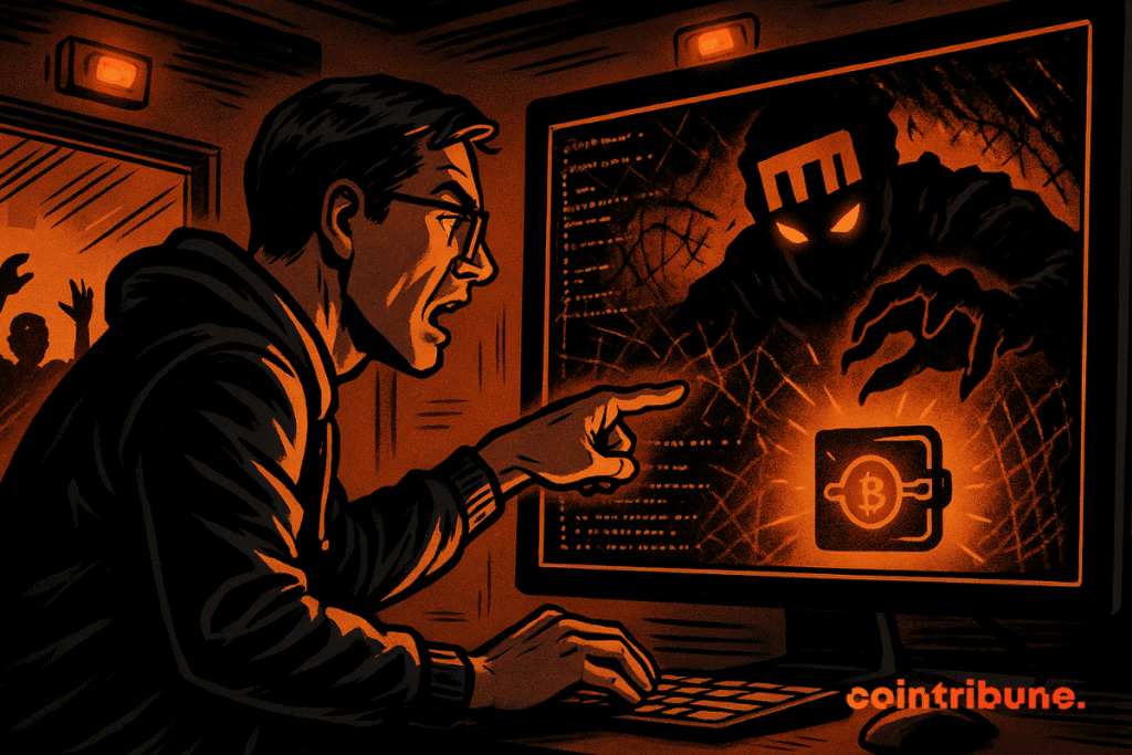 The Ledger technical director points to a screen displaying a digital threat based on NPM targeting a cryptocurrency wallet.