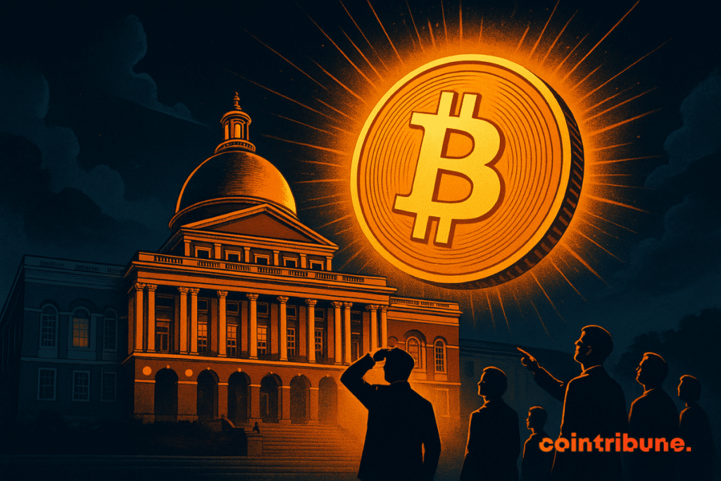 At night, the Capitol du Massachusetts shines with orange glow under the light of a gigantic bitcoin sparkling in the sky, while silhouettes raise their eyes with admiration.
