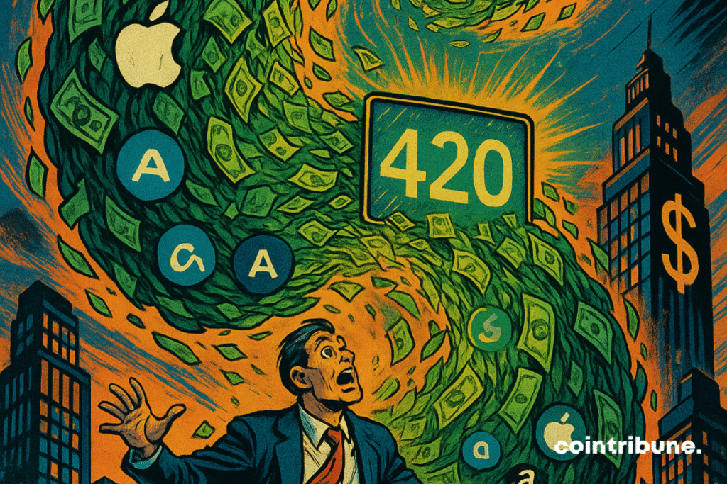 Amazing trader overwhelmed by a wave of tickets, visible Big Tech logos, 420 shiny figure in the center.