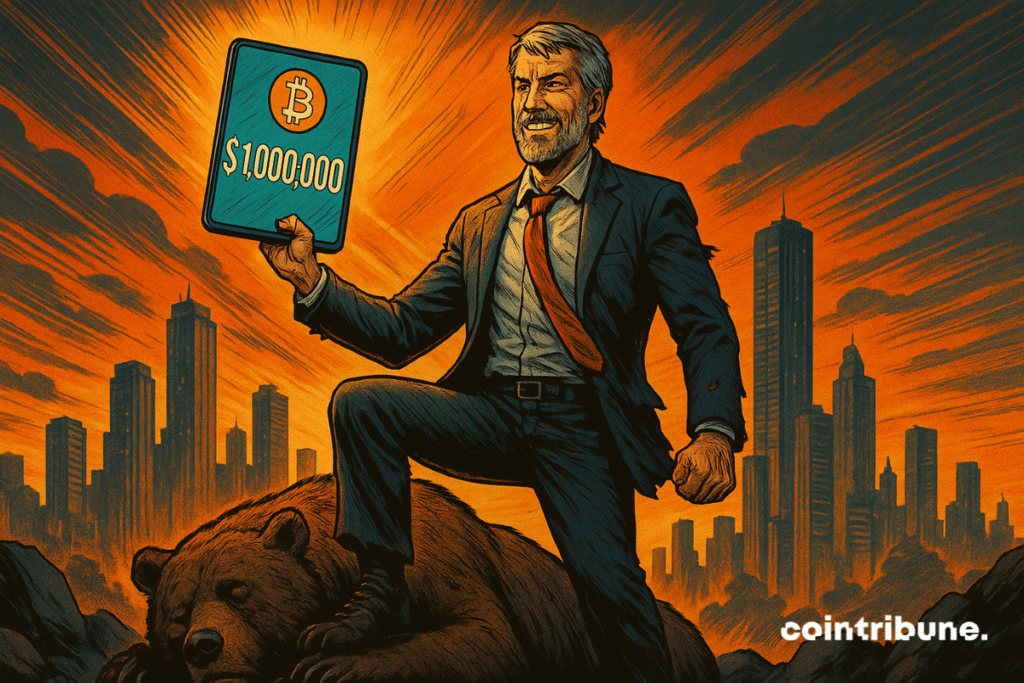 Michael Saylor triumphs over a defeated bear, brandishing a screen with Bitcoin at $ 1,000,000, in front of a fiery city