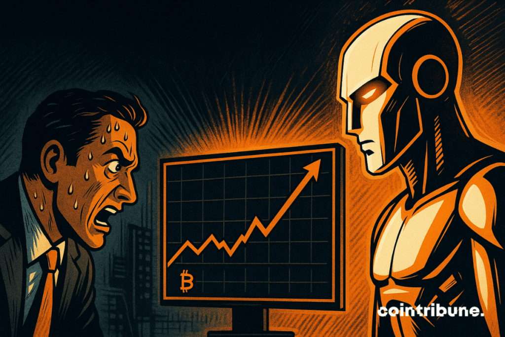 A panic crypto broker faces an imposing AI, facing a crypto screen displaying a dazzling flambé of Bitcoin