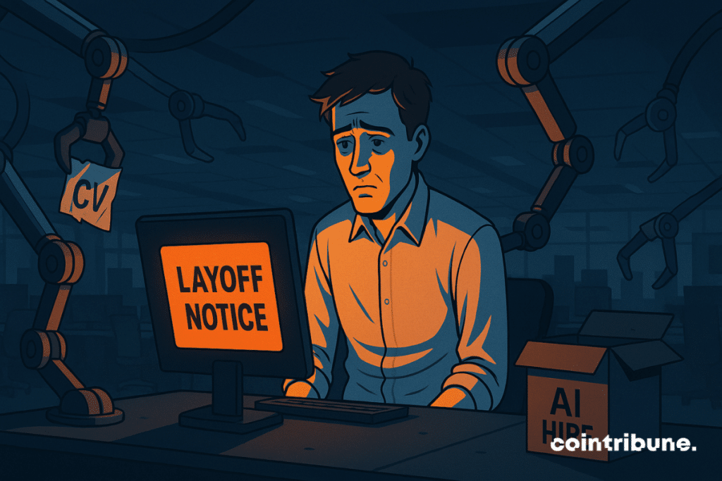 Young man slaughtered, isolated in an automated office, surrounded by robotic arms, dismissed by an implacable AI