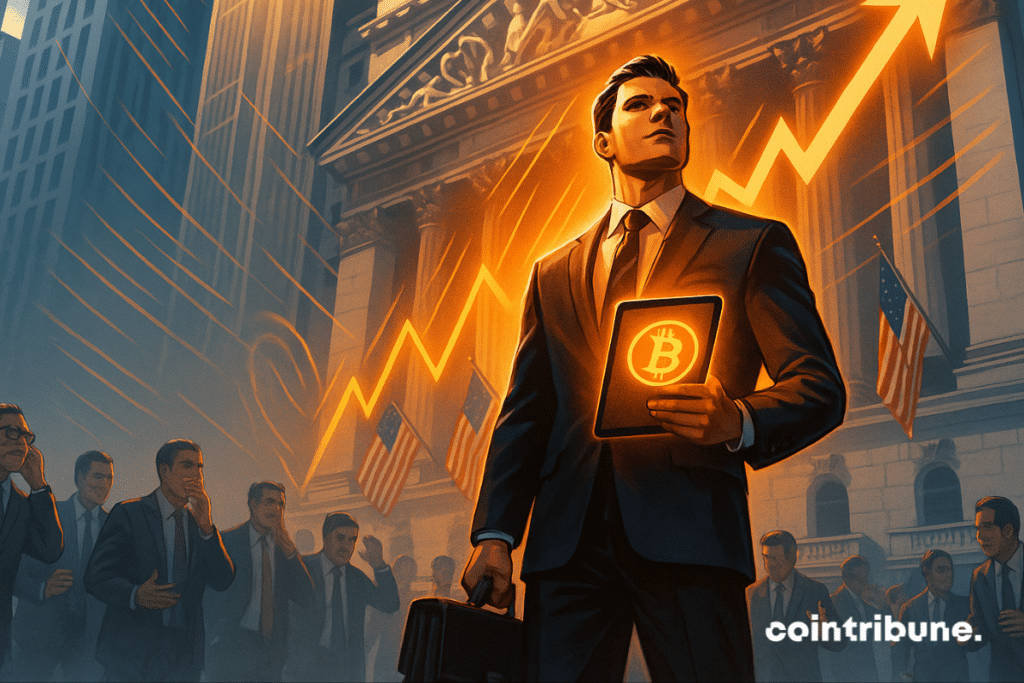 Investor Holding Glowing Crypto Tablet Firm Stands On Wall Street with Rising Chart in Background.