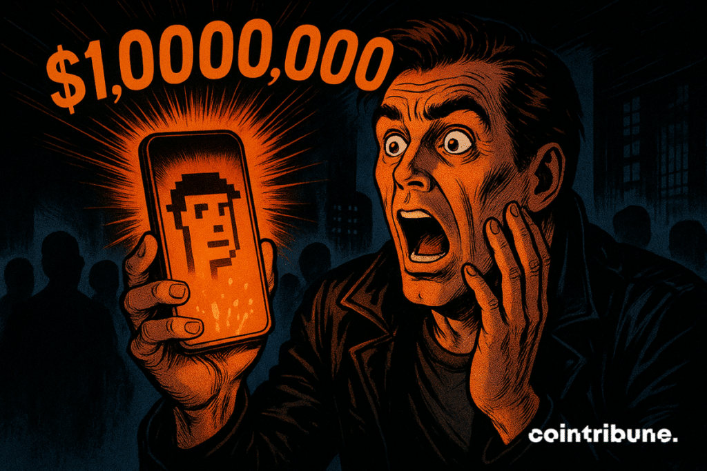 A shocked man looks at a bright phone displaying cryptopunk and 