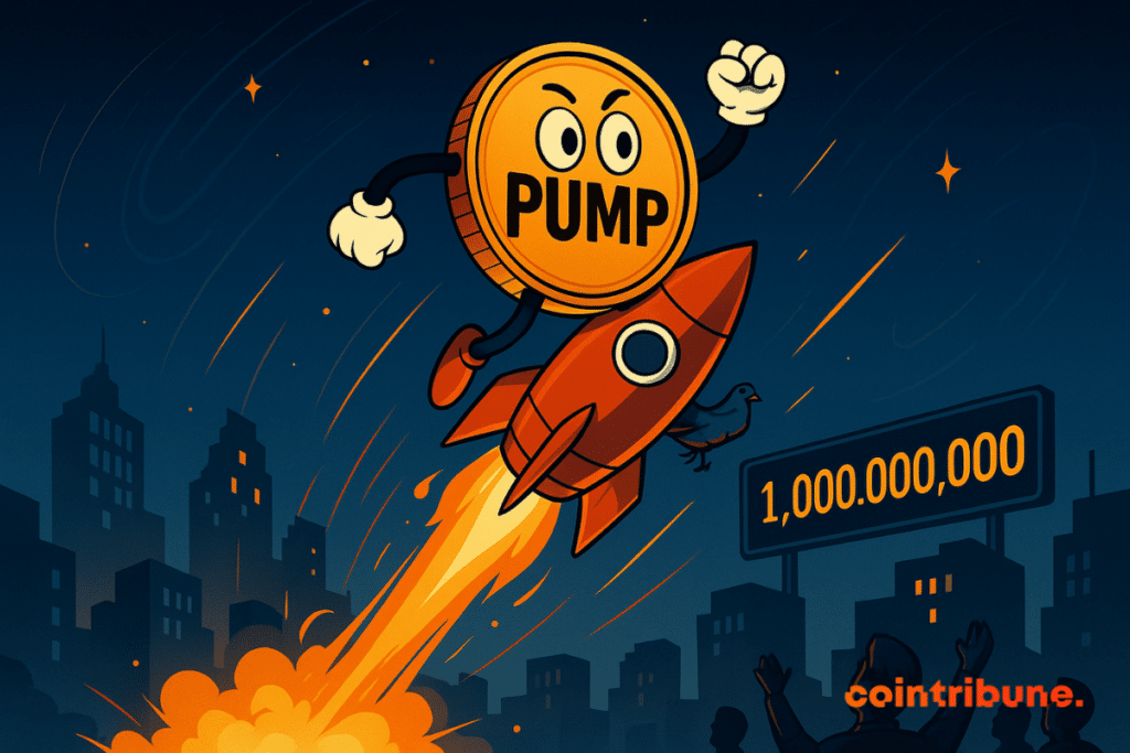 An animated pump piece flies away from a fiery rocket, under the amazed looks of a night crowd.