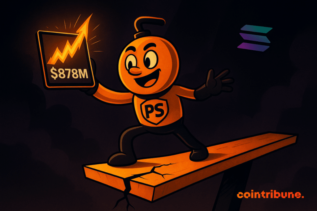 Pumpswap mascot euphoric on a cracked board, holding a tablet 