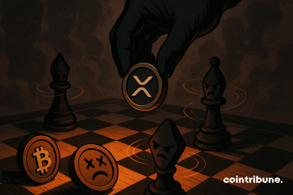 Ganked hand moving an XRP room on a crypto chessboard under spectacular orange lighting.