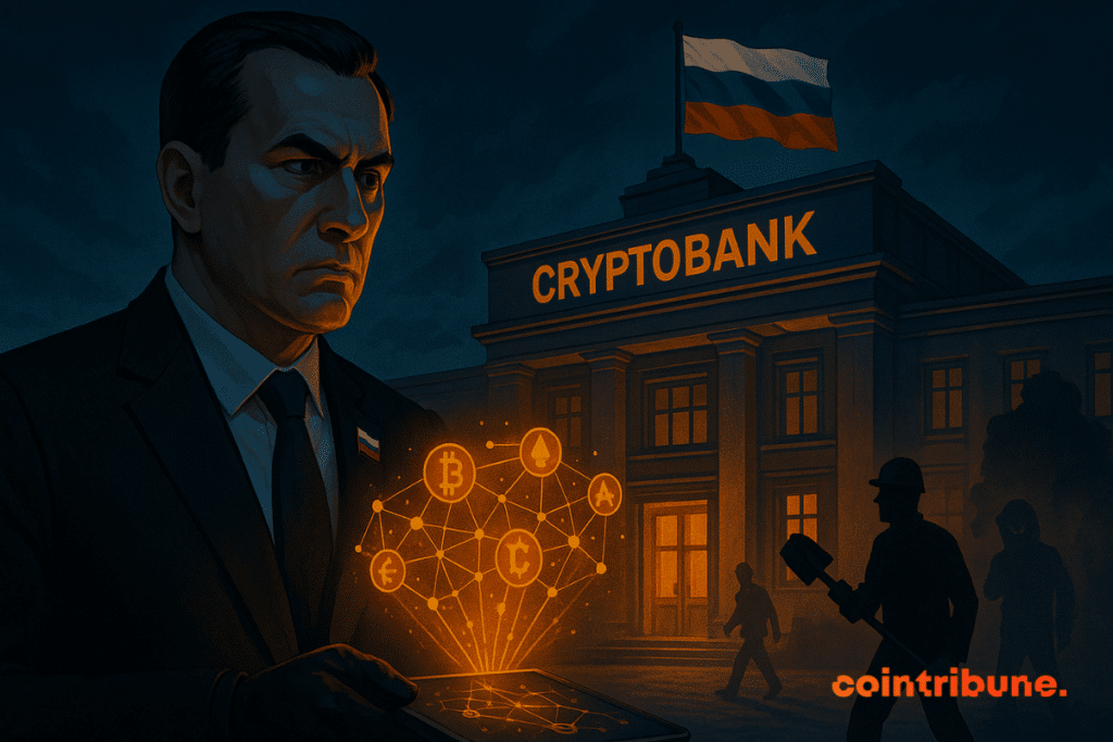 Russian official monitors crypto in front of a futuristic state bank