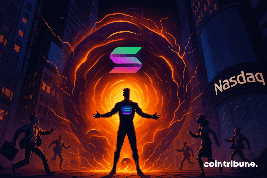 An orange vortex bursts into Times Square, aspiring investors, while a hero embodies the meteoric ascent of Solana.