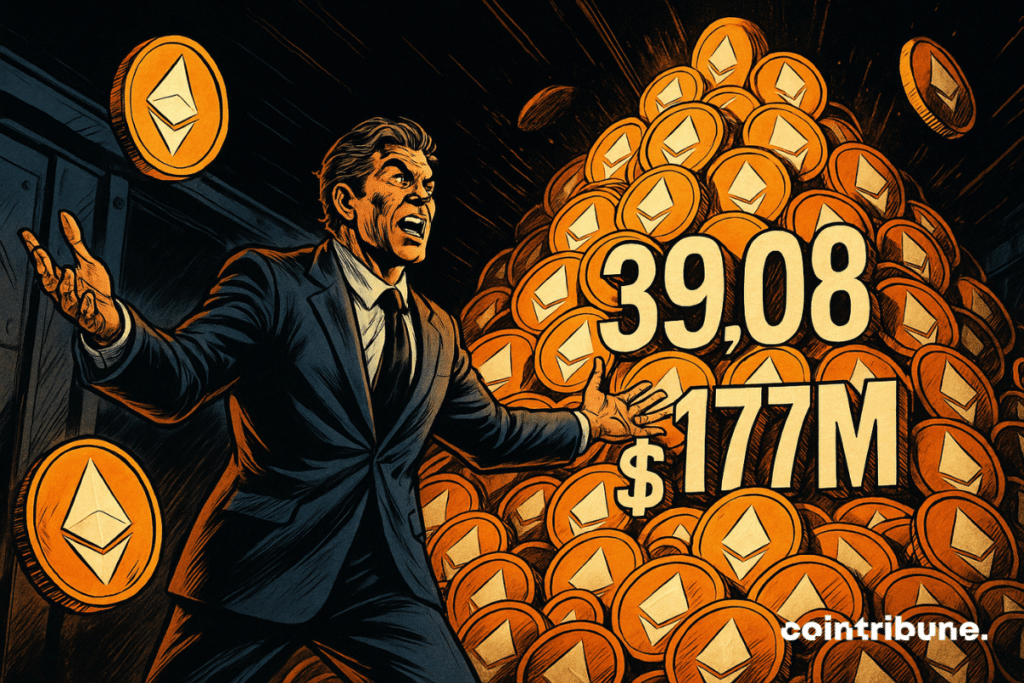 Triumphant SharpLink, stretched arm, surrounded by a bright mountain of Ethereum tokens, floating figures, dramatic and brilliant atmosphere.