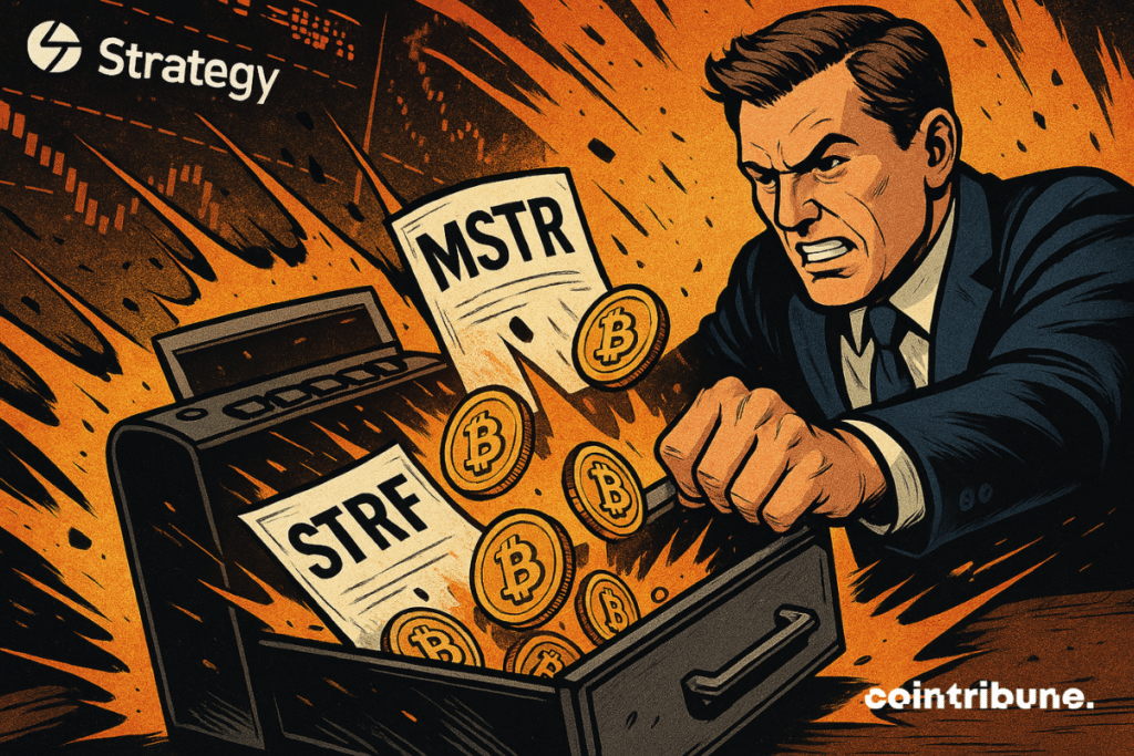 A man in a suit forces a cash register, releasing bitcoins and MSTR and STRF titles in an explosion.