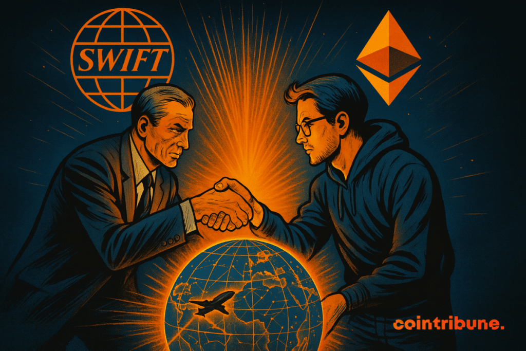 Two men shake hands over a luminous digital globe, symbolizing the alliance between Swift (in costume) and consensys/ethereum (in hoodie), with a contrasted blue and orange background and visible logos.