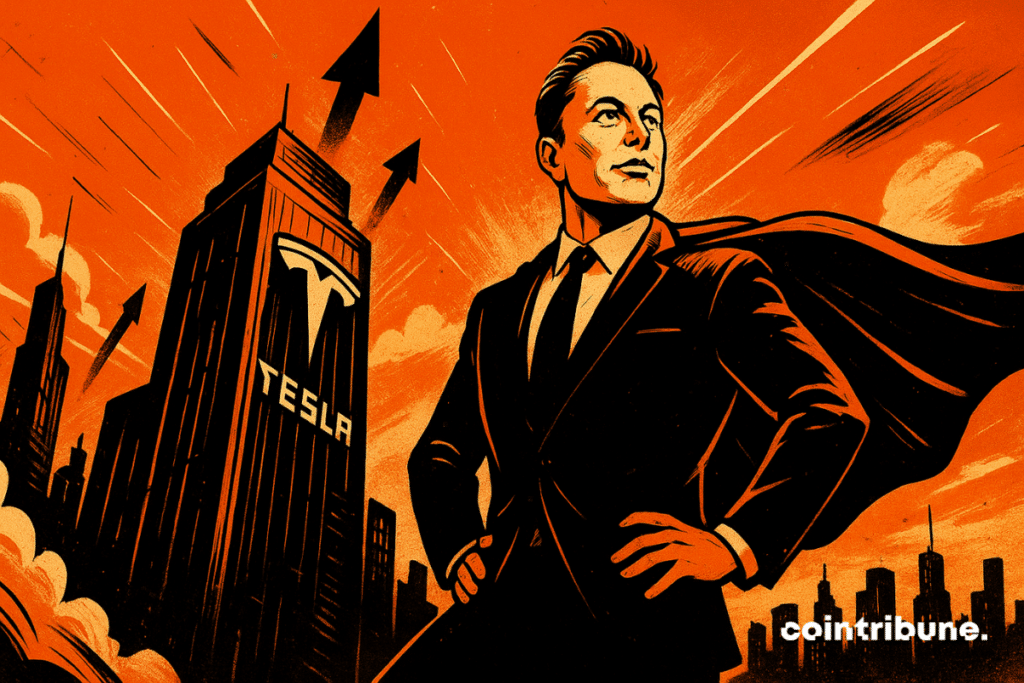 Elon Musk in the form of a heroic character on a skyscraper representing Tesla