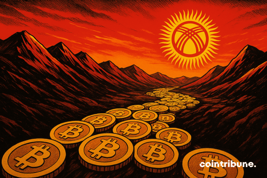 The image portrays a dramatic mountainous landscape in a comic book style from the 70s. A large river made up of golden bitcoin pieces winds between the dark mountains and looks at the horizon. Above the summits, a flamboyant sun dominates the red-orange sky, taking up the symbol of the flag of Kyrgyzstan with its rays and its yurt pattern in the center. The whole creates an atmosphere that is both epic and symbolic, mixing nature, digital wealth and national identity.
