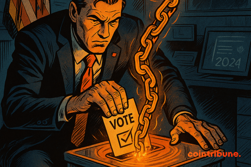 A man inserts his vote in a blockchain urn, an orange luminous chain emerges under institutional surveillance.
