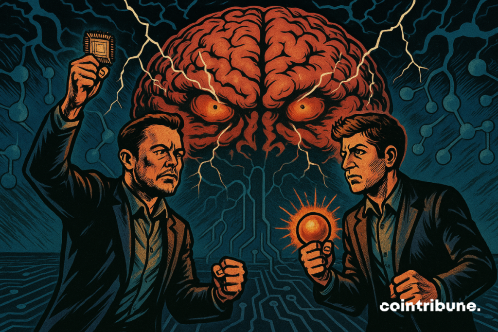 Elon Musk and Sam Altman clash under a giant brain, symbolizing an intense technological war for mental control.