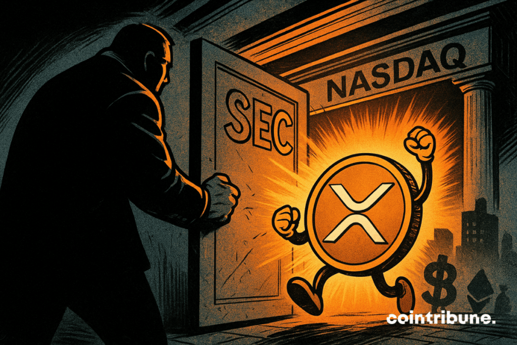 A Comic-Style Illustration of A Dark-Suitéed Figure Opening A Door Marked 