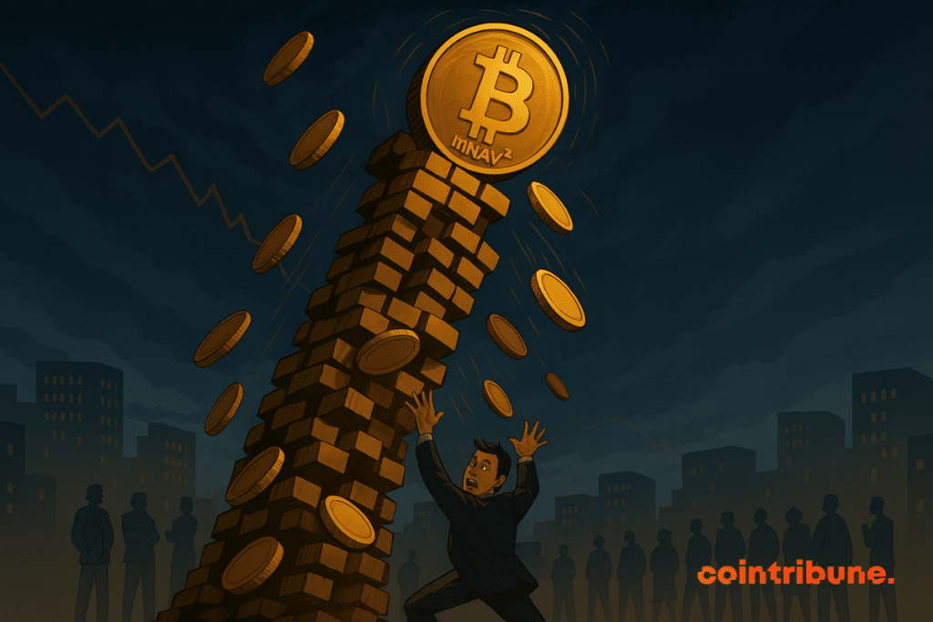 A man tries to stop the collapse of a Bitcoin tower