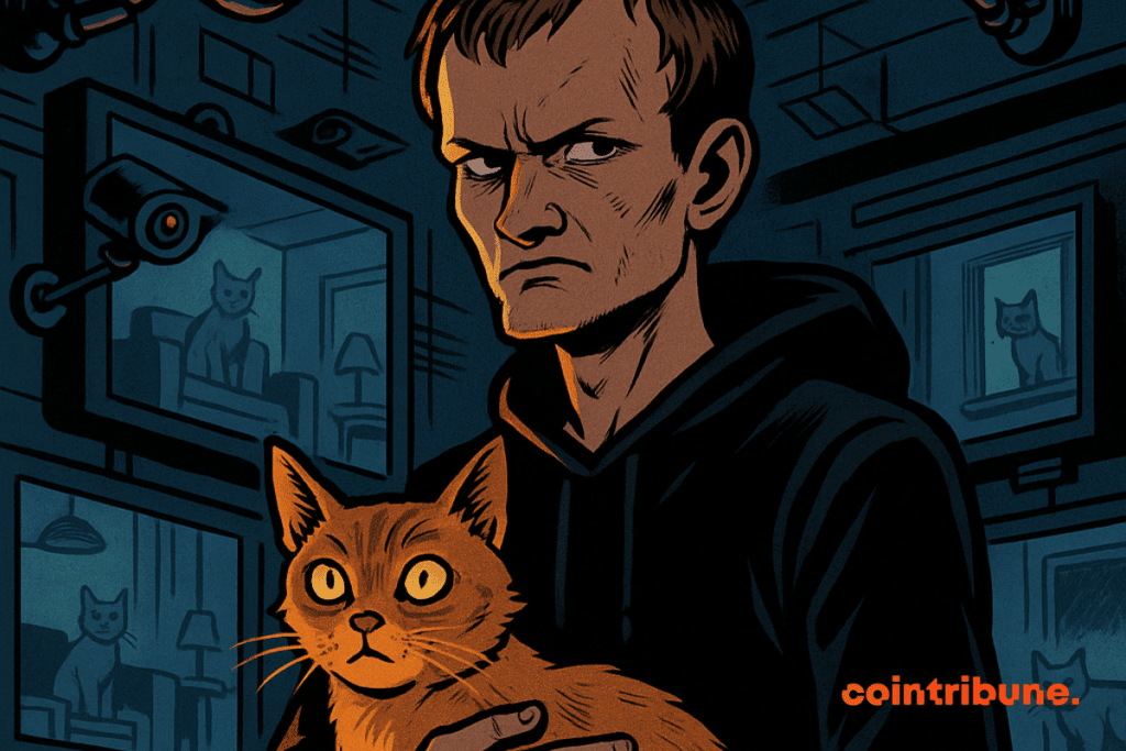 Vitalik holds a red cat under surveillance of European cameras and screens, a dark atmosphere evoking control and intrusion.