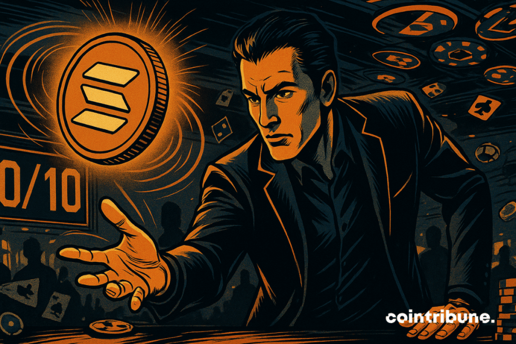 A man launches a luminous Solarna token in a futuristic casino, under tension, in front of a screen displaying 