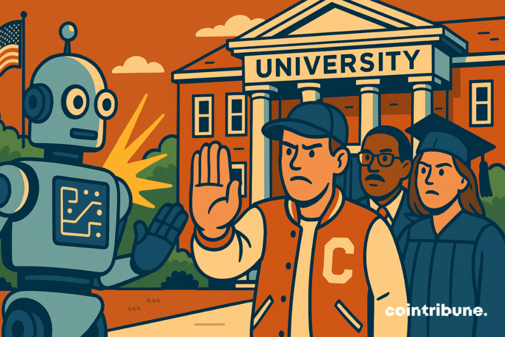 A robot symbolizing AI is stopped by students in front of an American university: distrust, tension, education and technology.