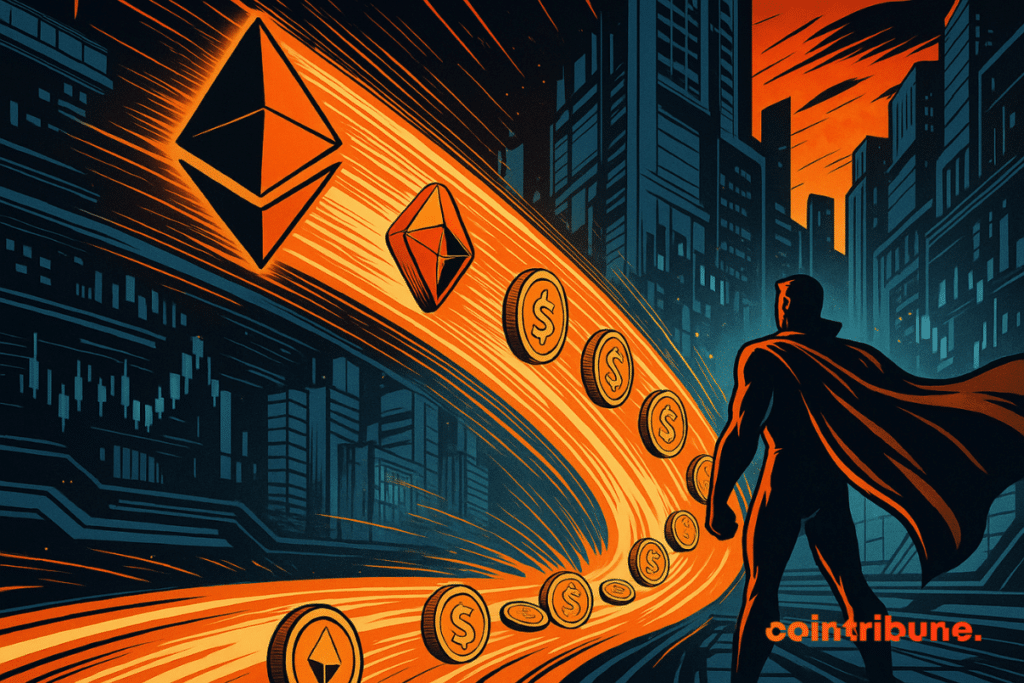 A hero watches a bright torrent of Ethereum transform into stablecoins, illuminating an orange-hued futuristic city.