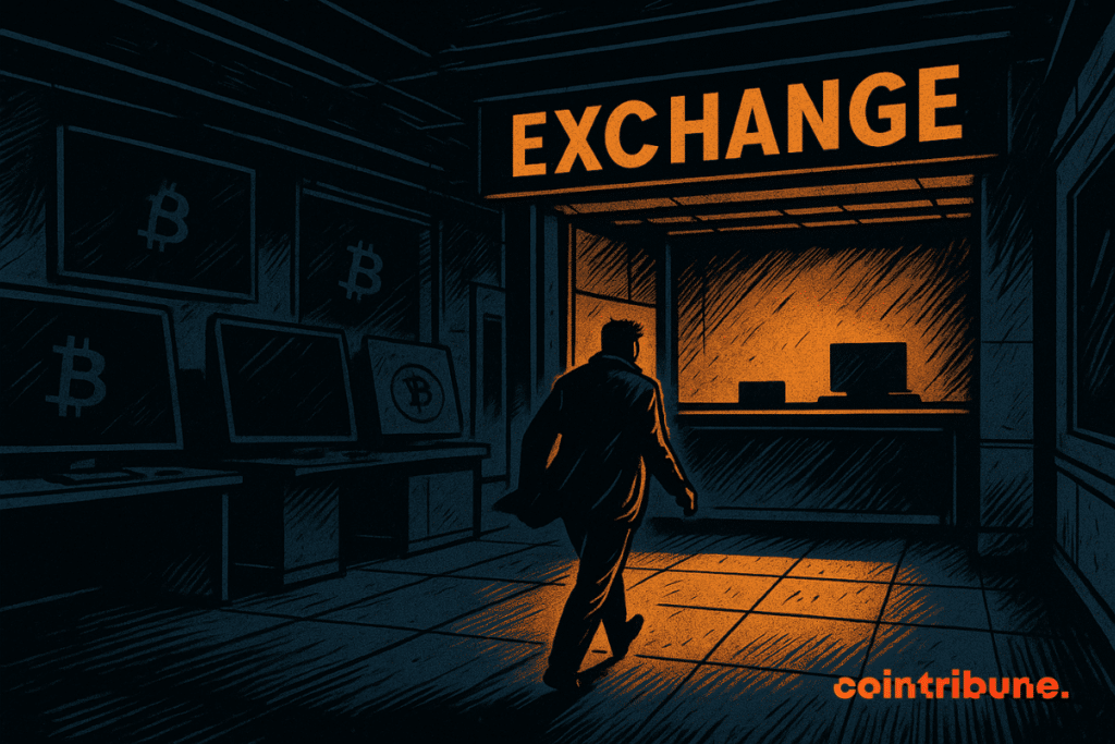 A lonely man advances to a bright counter in an empty crypto scholarship, lit by a mysterious orange glow.