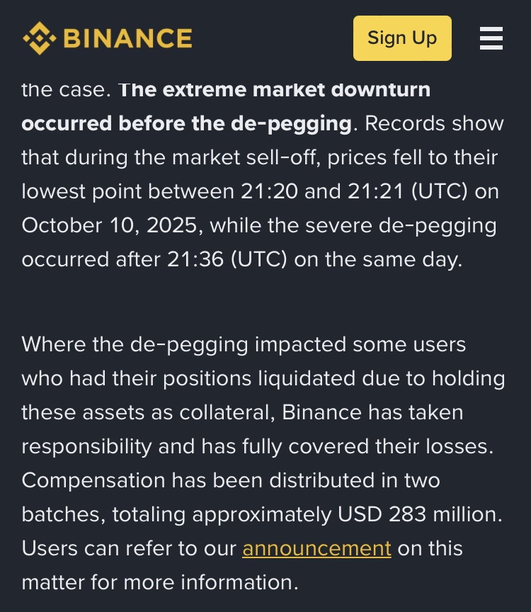 This October 12, 2025, Binance announces that it has paid $283 million in compensation to crypto users affected by the depegs of three major assets: USDe (Ethena), BNSOL (Binance Solana) and WBETH (Wrapped Beacon ETH).