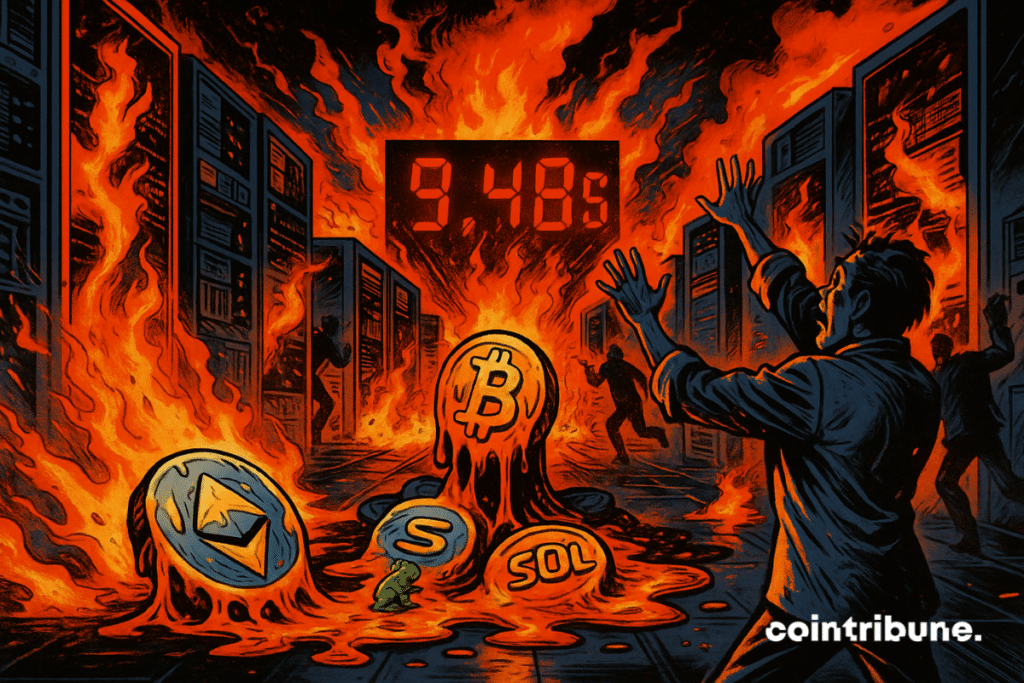A high-tech server room in flames. The computer racks aligned to the left and right form a perspective towards the center. At the back of the room, a huge flashing red number “$9.4B” dominates the scene. In the center of the corridor, a mass of iconic cryptos (BTC, ETH, SOL, etc.) are melting, slowly flowing like hot wax or molten metal, symbolizing the market collapse caused by Trump.