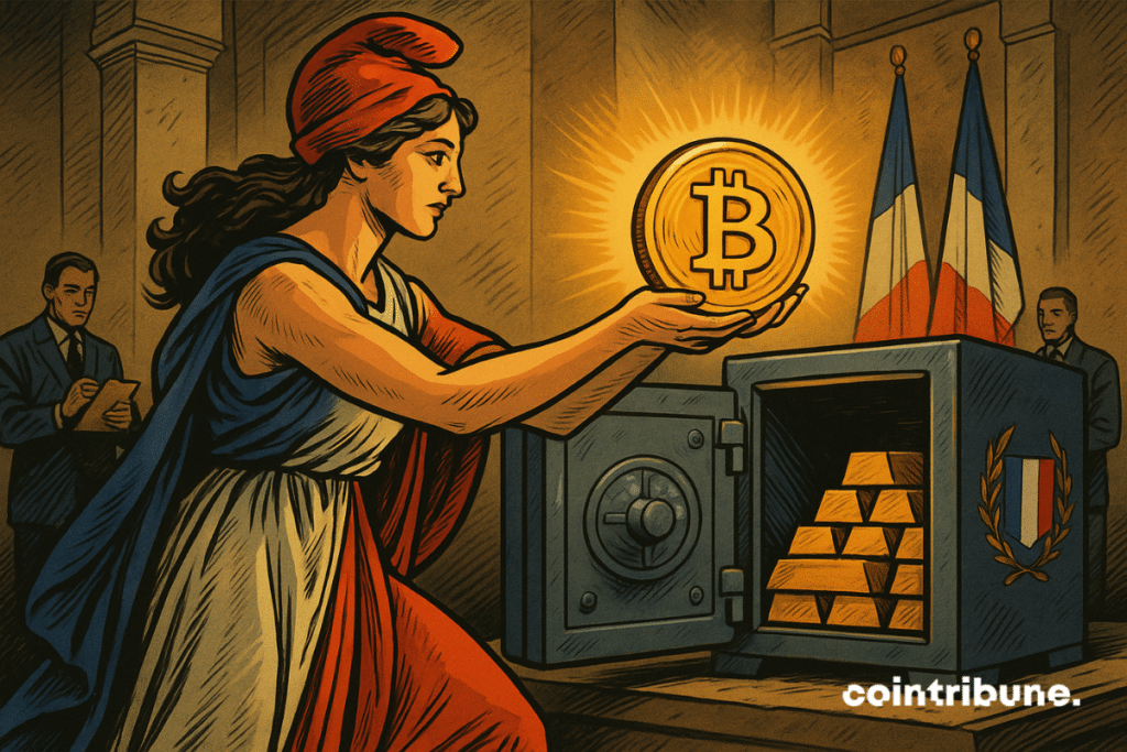 Marianne (woman allegory of the Republic), serious, in a toga, holding a golden Bitcoin in both hands, which she inserts into an armored chest next to gold bars. The chest is marked with a French flag.