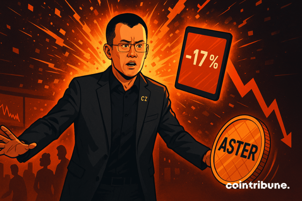 Surprised CZ, surrounded by digital explosions, holds ASTER falling 17%, illustrating the chaos caused by a rumor.