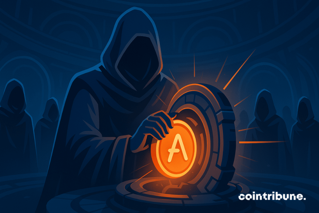A DAO member inserts a glowing AAVE token into a ritual machine, surrounded by mysterious hooded figures.