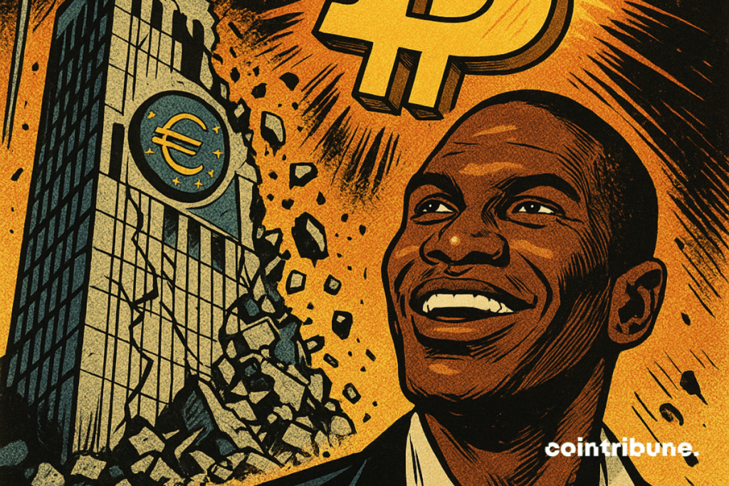 Arthur Hayes smiling in front of a ruined ECB building, with a shiny bitcoin symbol in the background.