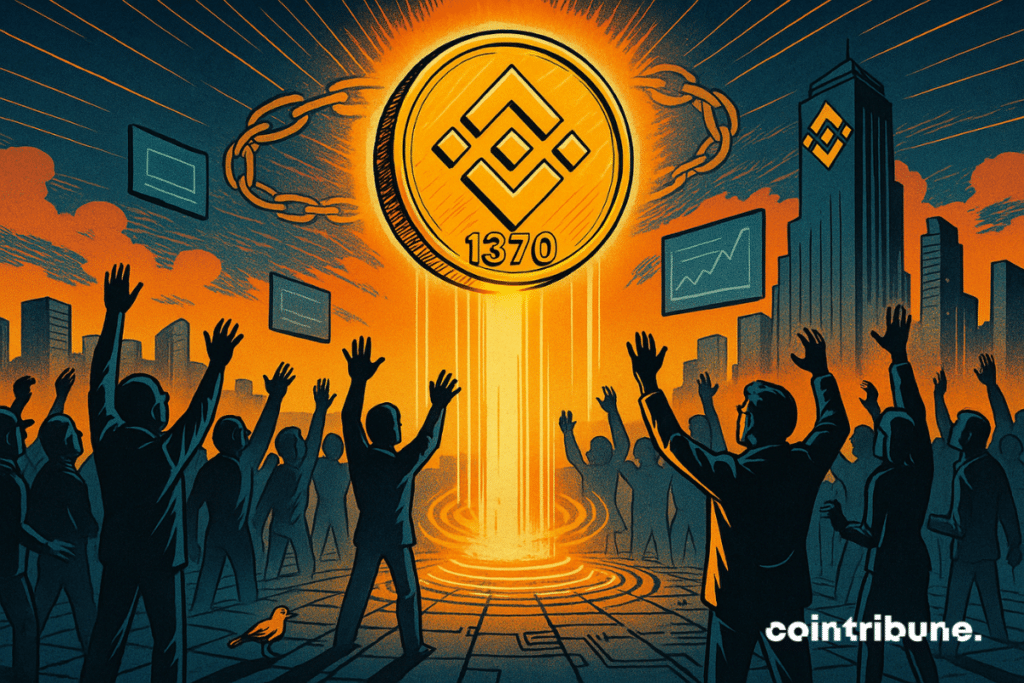 A sacred crypto BNB, celebrated by a cheering crowd