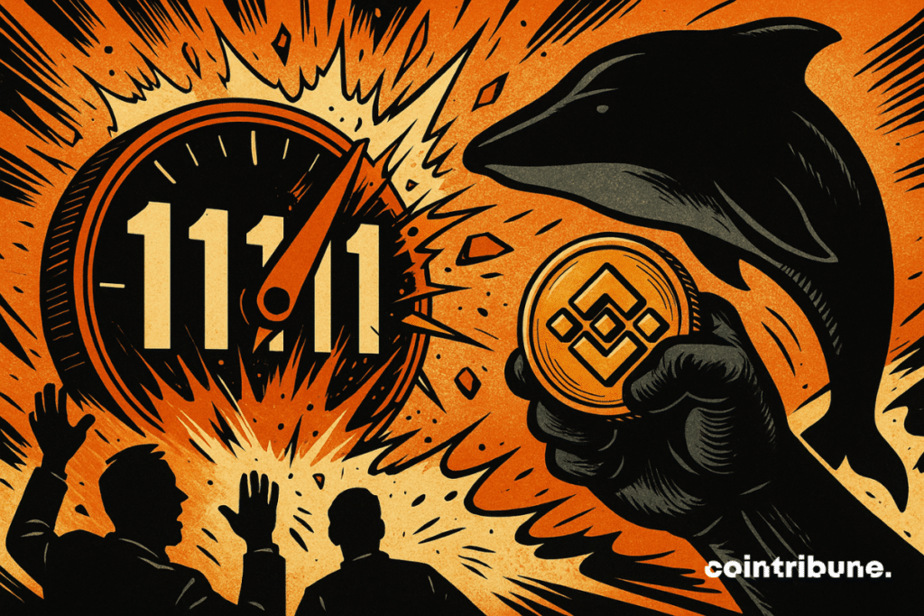 A powerful hand brandished a golden BNB piece, breaking an explosive counter marked 1111, under the amazed eyes of investors.