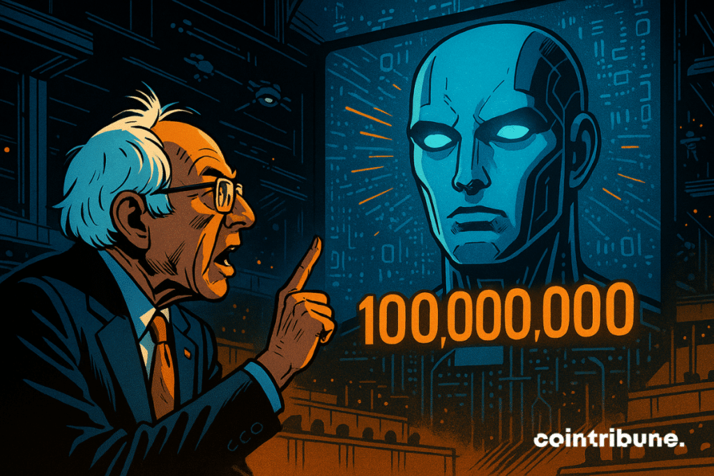 Bernie Sanders, small but determined, is placed at the bottom left, facing a huge AI head displayed on a giant digital screen.