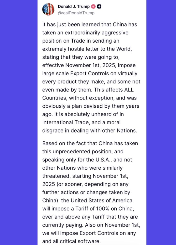 Donald Trump's announcement of a 100% increase in tariffs on China has created chaos on the crypto market.