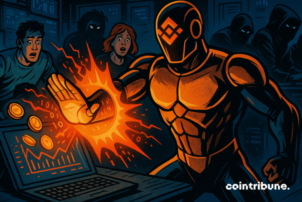 A Binance hero blocks a cyberattack in a high-tech control room, while users react with fear and hackers loom.