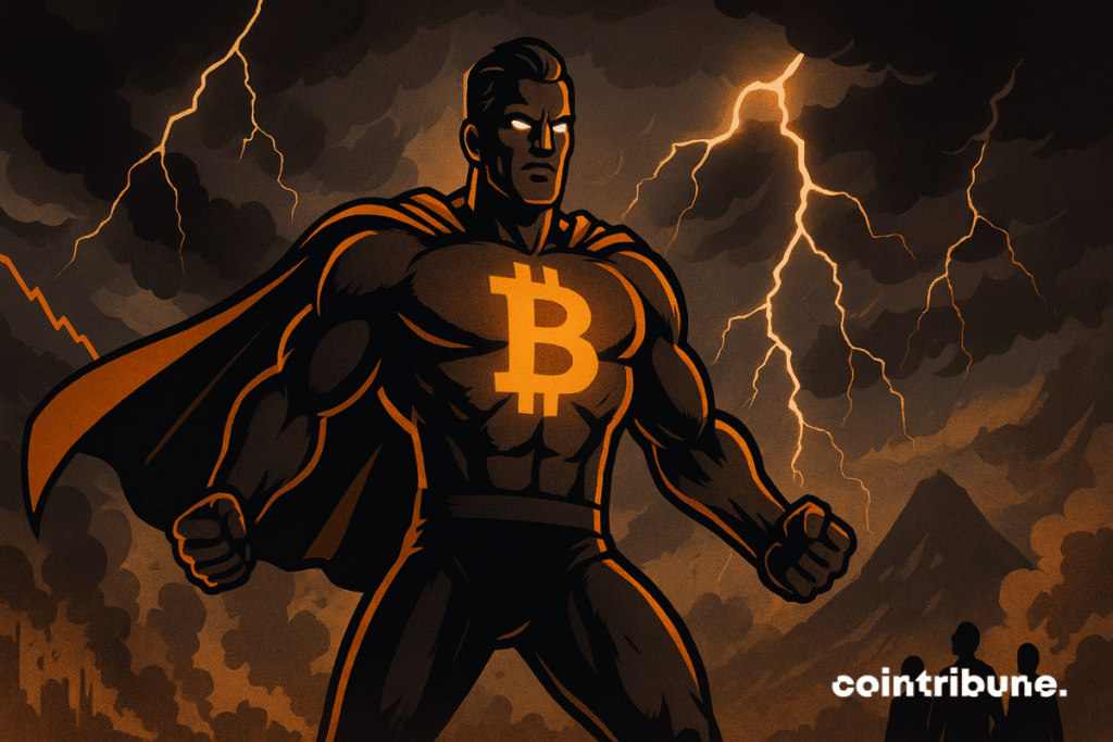 Bitcoin personified as a superhero faces an economic storm, lit by orange lightning, a symbol of resilience and hope.