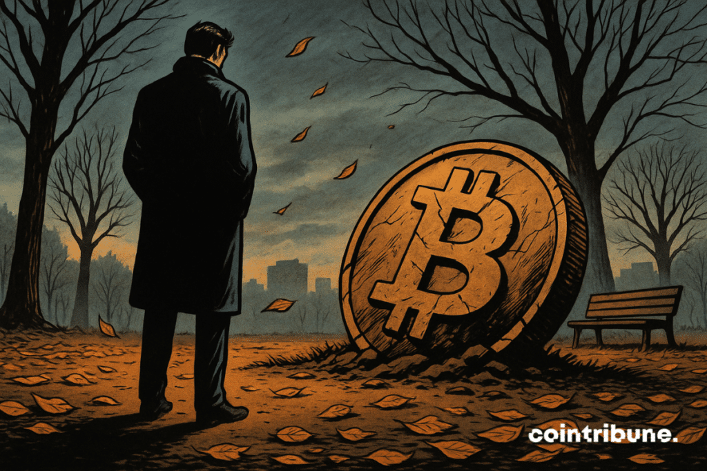 A solitary man wears a long dark coat, his hands in his pockets. He looks straight ahead. A huge Bitcoin coin, partially buried in the ground, dirty, cracked, damaged by time. The piece is leaning and takes up the majority of the central frame.